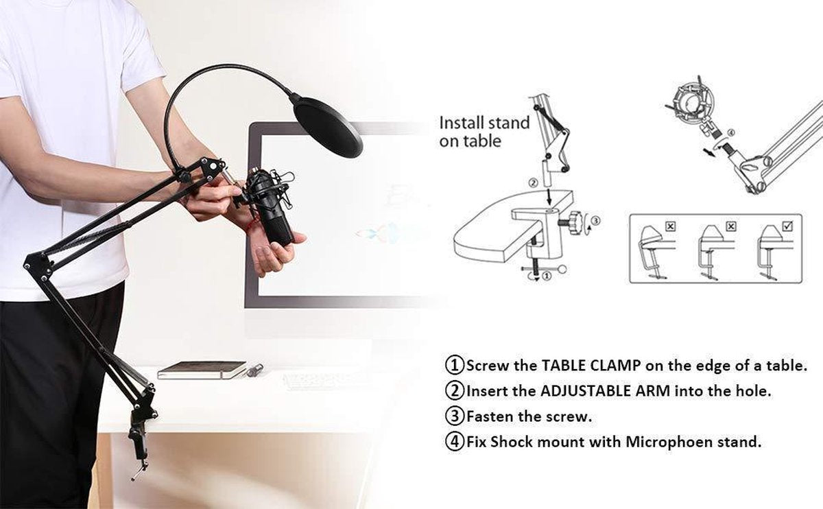 MAONO AU-A04 podcast microfoon set, USB condensator microfoon incl. beweegbare arm en filter zwart